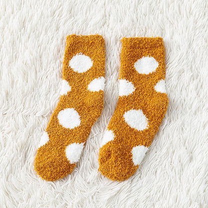 2 Pairs Cute Cow Spots Print Socks, Thickened & Warm Coral Fleece Socks, Women'S Stockings & Hosiery