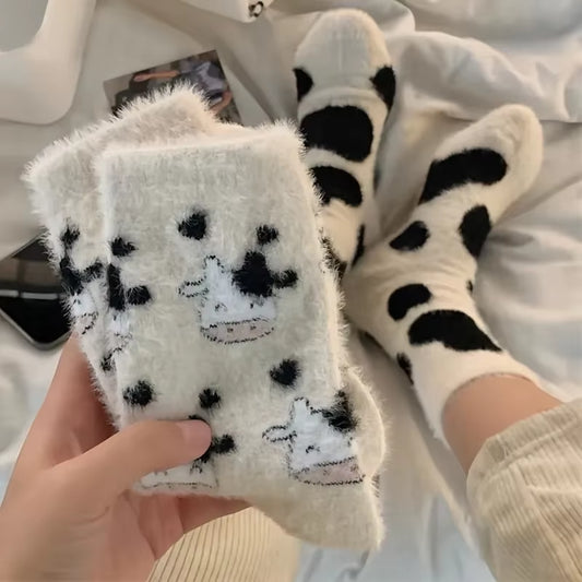2 Pairs Cute Cow Spots Print Socks, Thickened & Warm Coral Fleece Socks, Women'S Stockings & Hosiery